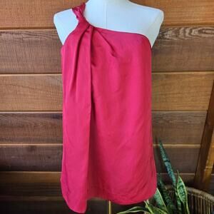 NWT Theory Women One-Shoulder Draped Viscose Silk Blouse S Red Old Money Elegant
